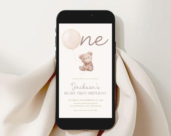 Beary First Birthday Evite Boy, Teddy Bear Balloon Phone Invite, Canva Template