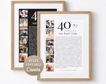 Può includere: Due poster incorniciati con un collage di sei fotografie a sinistra e il testo 40 reasons we love you a destra. Il design include un elenco di quaranta frasi sentimentali e un'icona a forma di cuore, in una cornice di legno chiaro.