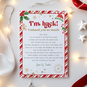 May include: A festive Christmas letter with red and white striped borders, featuring the text "I'm back! I missed you so much!" and a message from an elf named Twinkle. The letter is decorated with stars, holly, and candy canes.
