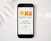 One Happy Boy Birthday Evite, Sun 1st Birthday Text Invitation, Canva Template