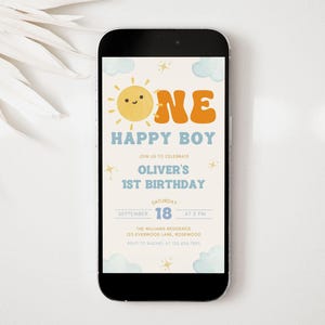 One Happy Boy Birthday Evite, Sun 1st Birthday Text Invitation, Canva Template