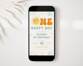 One Happy Boy Birthday Evite, Sun 1st Birthday Text Invitation, Canva Template