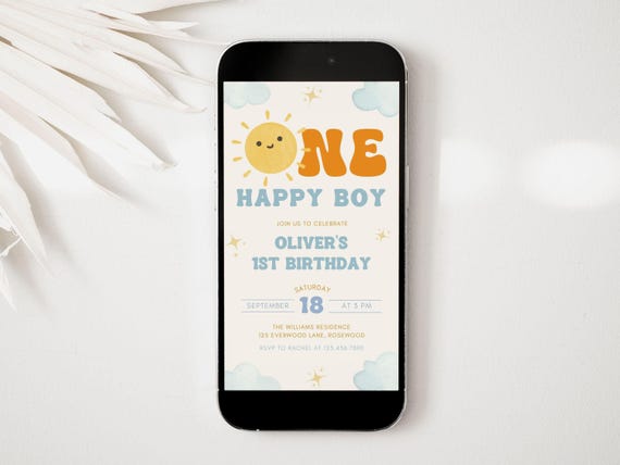 One Happy Boy Birthday Evite, Sun 1st Birthday Text Invitation, Canva Template