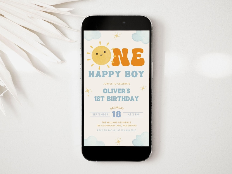 One Happy Boy Birthday Evite, Sun 1st Birthday Text Invitation, Canva Template