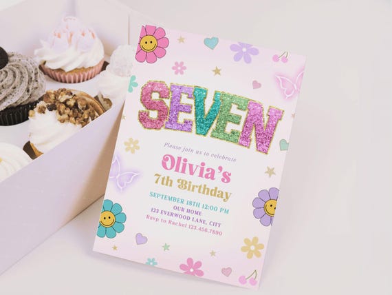 Preppy Patch Letter 7th Birthday Girl Invitation, Editable Glitter Invite, Canva Template
