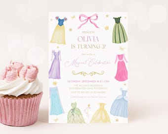 Invitación de cumpleaños con vestidos de princesa, fiesta Érase una vez, plantilla digital de Canva