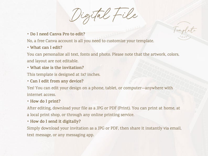 May include: Digital file template with text: "Digital File". Includes information on editing, size (5x7 inches), and printing options. A laptop and stationery are in the background.