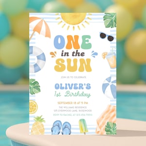 One In The Sun 1st Birthday Boy Invitation, Summer First Birthday Editable Invite, Pool Party Canva Template