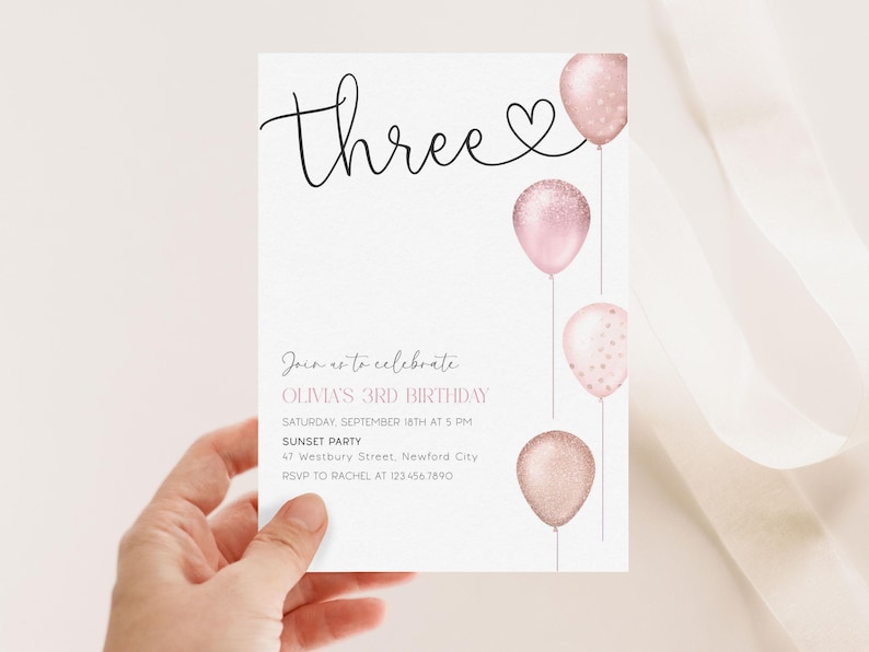 Girl's 3rd Birthday Invitation, Pink Balloons, Editable Canva (Digital Download) image 3