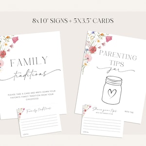 May include: Two white signs and cards with floral accents. One sign reads "FAMILY traditions" and the other says "PARENTING TIPS jar". The cards are 5 x 3.5 inches. The signs are 8 x 10 inches.