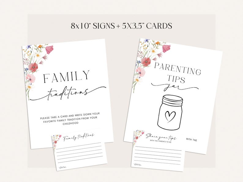 May include: Two white signs and cards with floral accents. One sign reads "FAMILY traditions" and the other says "PARENTING TIPS jar". The cards are 5 x 3.5 inches. The signs are 8 x 10 inches.