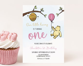 Winnie The Pooh Birthday Invitation Editable, 1st Birthday Girl Birthday Invite, Little Hunny Birthday Party Digital Download