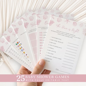 May include: A set of white baby shower game cards featuring a light pink seashell and coral pattern. The cards include text such as The Price is Right, with a list of items like jar of baby food, baby comb and brush set, baby soap, and pack of diapers.