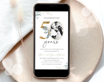 50th Anniversary Invitation: Greenery Gold Photo Template (Canva Digital Download