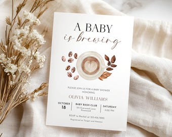 A Baby is Brewing Editable Invitation, Coffee Theme Baby Shower, Canva Template