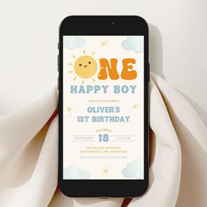 One Happy Boy Birthday Evite, Sun 1st Birthday Text Invitation, Canva Template image 4