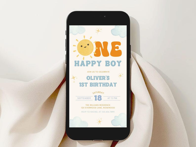 One Happy Boy Birthday Evite, Sun 1st Birthday Text Invitation, Canva Template image 4