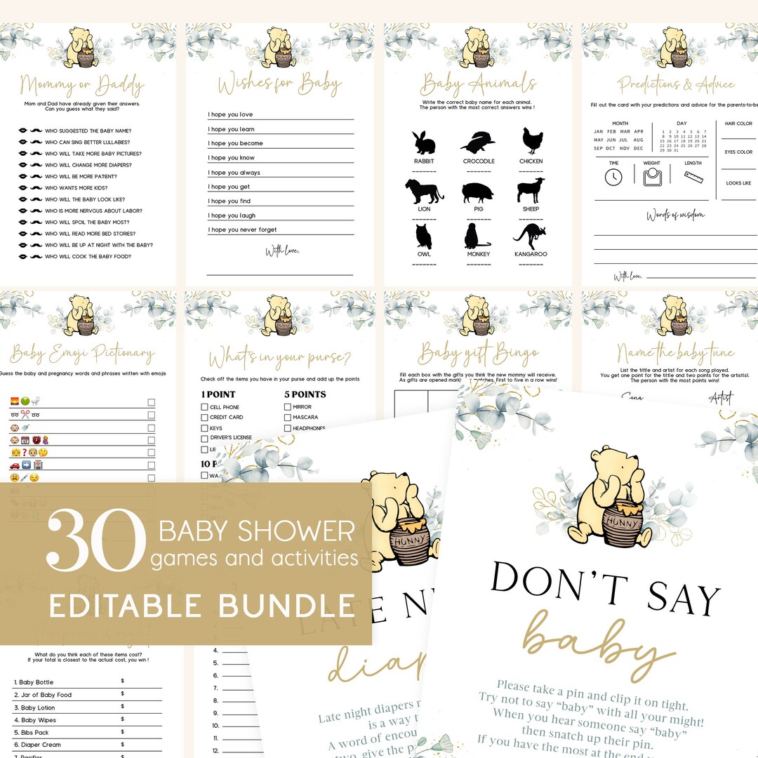 Winnie the Pooh Baby Shower Games Editable Neutral Greenery Classic ...