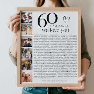 Modèle d'affiche 60 raisons pour lesquelles nous t'aimons avec photos, cadeau imprimable pour son 60e anniversaire pour lui ou pour elle, décoration modifiable et personnalisée pour son 60e anniversaire