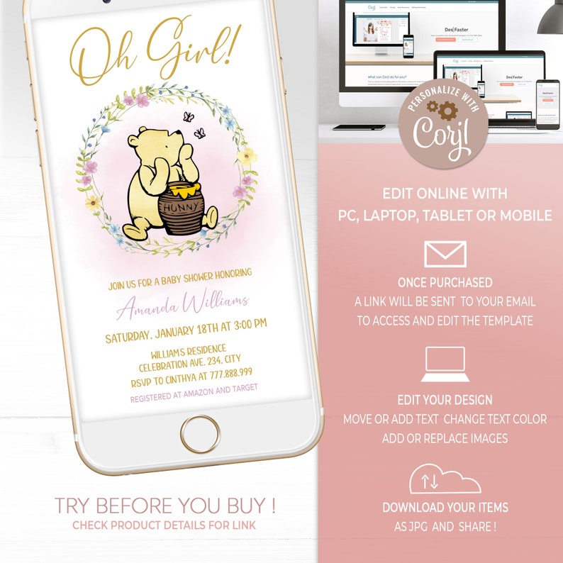 Classic Winnie the Pooh Girl Baby Shower Electronic Invitation Etsy