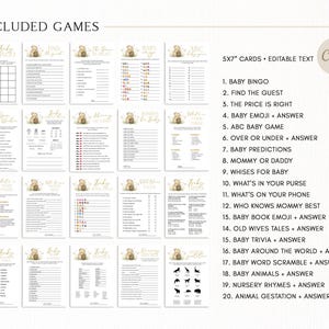May include: A set of 20 baby shower games printed on 5x7 inch (12.7 x 17.8 cm) cards. Games include Baby Bingo, Find the Guest, and Baby Trivia. Each card features a teddy bear graphic and editable text, ideal for a baby shower.