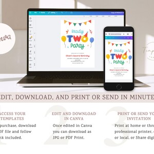 May include: A laptop and smartphone display a colorful birthday party invitation design. The invitation reads "Ready Two Party" with balloons and a party hat. The design is available for editing and printing.