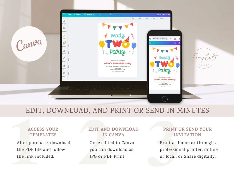 May include: A laptop and smartphone display a colorful birthday party invitation design. The invitation reads "Ready Two Party" with balloons and a party hat. The design is available for editing and printing.