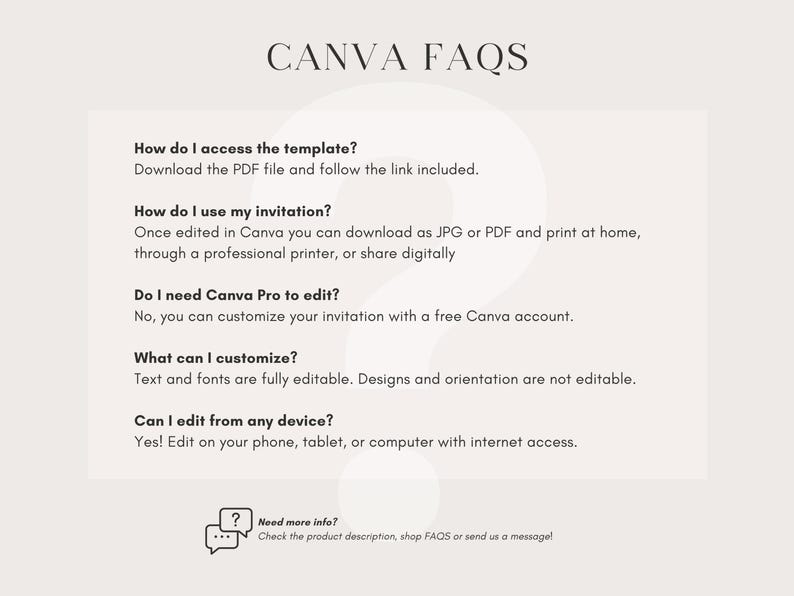 Puede incluir: Gr&aacute;fico color crema con el texto "CANVA FAQs". Presenta preguntas y respuestas sobre el acceso y uso de una plantilla de Canva, incluyendo opciones de edici&oacute;n y compatibilidad de dispositivos.