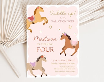 May include: A pink and white birthday invitation with a cartoon illustration of two horses. The text reads "Saddle up! And Gallop on Over" and "Madison is turning Four".