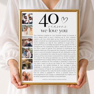 Modelo de pôster com 40 motivos pelos quais te amamos, colagem de fotos para imprimir, editável no Canva
