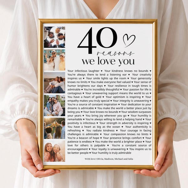 40 Reasons We Love You Poster Template, Photo Collage Gift Printable, Canva Editable