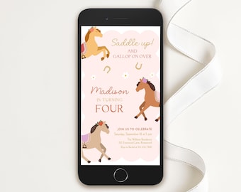 Födelsedagsinbjudan för flicka, ridfest i mobilen (Canva-mall)