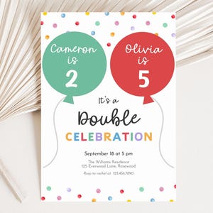 Uitnodiging voor verjaardagsfeestje broer of zus, gekleurde confetti gezamenlijke verjaardagsuitnodiging, dubbele uitnodiging canvassjabloon