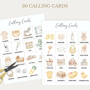 May include: Two sheets of baby shower calling cards with watercolor illustrations of baby items. The cards feature images of a sleeper, diaper, rocking horse, booties, pacifier, bottle, teddy bear, and more. The text "30 CALLING CARDS" is at the top.