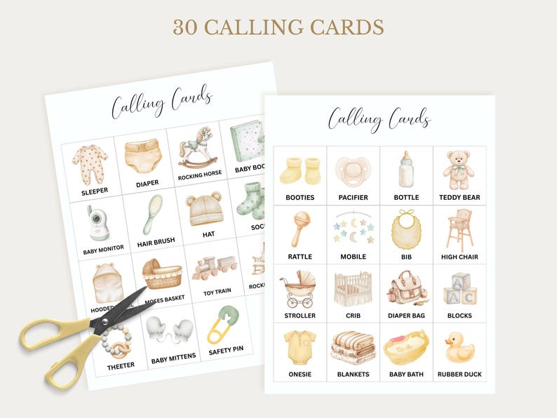 May include: Two sheets of baby shower calling cards with watercolor illustrations of baby items. The cards feature images of a sleeper, diaper, rocking horse, booties, pacifier, bottle, teddy bear, and more. The text "30 CALLING CARDS" is at the top.