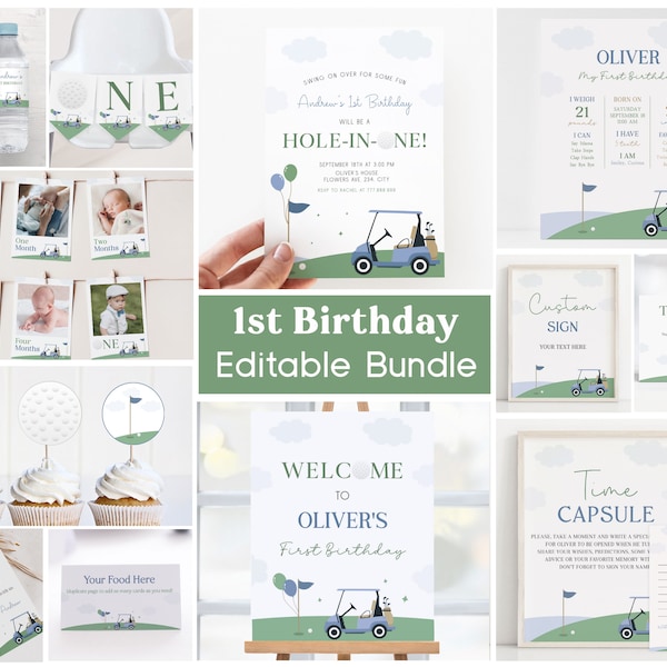 Golf First Birthday Party Printable Bundle, Editable Hole In One Boy Birthday Invitation and Decorations, Par-tee DIY Template Pack Corjl