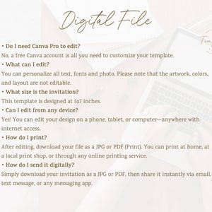 May include: Digital file template with text: "Digital File". Includes information on editing, size (5x7 inches), and printing options. A laptop and stationery are in the background.