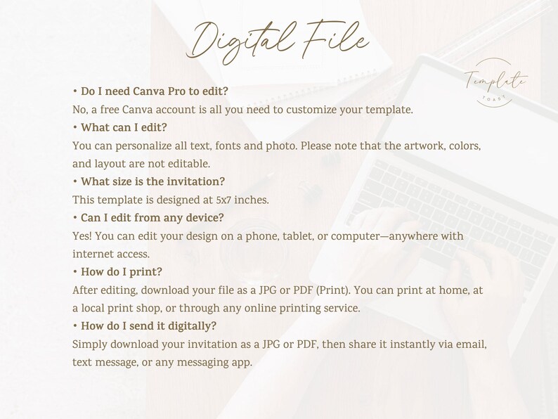 May include: Digital file template with text: "Digital File". Includes information on editing, size (5x7 inches), and printing options. A laptop and stationery are in the background.