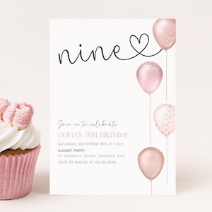 Girl 9th Birthday Invitation Editable Pink Balloons, Nine Digital Girl Invite, Canva Template