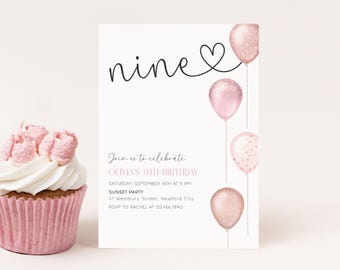 Girl 9th Birthday Invitation Editable Pink Balloons, Nine Digital Girl Invite, Canva Template