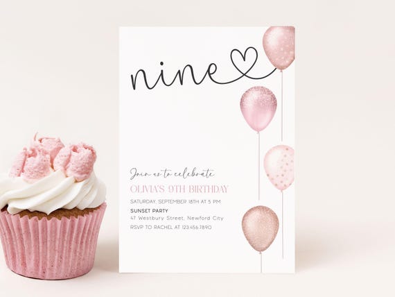 Girl 9th Birthday Invitation Editable Pink Balloons, Nine Digital Girl Invite, Canva Template