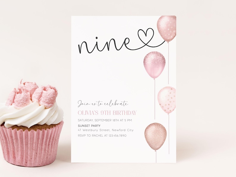 Girl 9th Birthday Invitation Editable Pink Balloons, Nine Digital Girl Invite, Canva Template