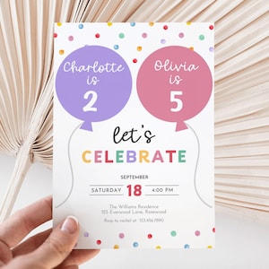 Convite para festa de aniversário de meninas, convite de aniversário para irmãs com confete colorido, modelo de convite duplo no Canva