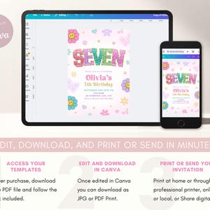 May include: A digital invitation design for a seventh birthday, displayed on a tablet and smartphone. The design features the word "SEVEN" in glittery letters, floral and butterfly graphics, and the text "Olivia's 7th Birthday". The invitation is in a pink color scheme.