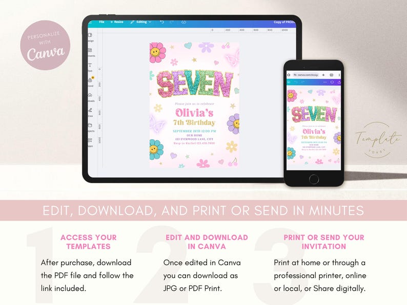 May include: A digital invitation design for a seventh birthday, displayed on a tablet and smartphone. The design features the word "SEVEN" in glittery letters, floral and butterfly graphics, and the text "Olivia's 7th Birthday". The invitation is in a pink color scheme.