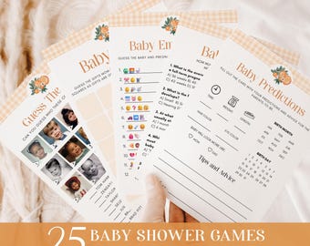 May include: A set of baby shower game cards featuring a light orange gingham border and orange fruit illustrations. The cards include a photo matching game, an emoji guessing game, and a baby predictions form with text fields for details.