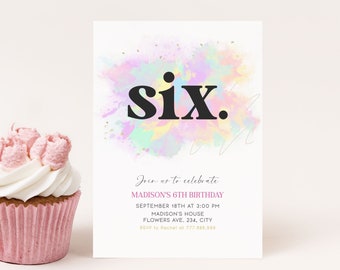 Tie Dye Birthday Invitation Girl Editable, 6th Birthday Pastel Rainbow Party Invite, Editable Age Template