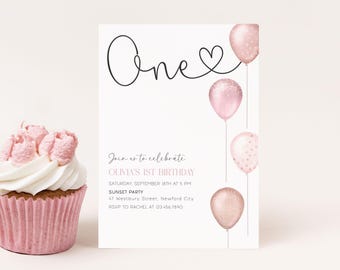Editable Girl 1st Birthday Invitation Pink Balloons, One Simple Girl Birthday Invite, Canva Template