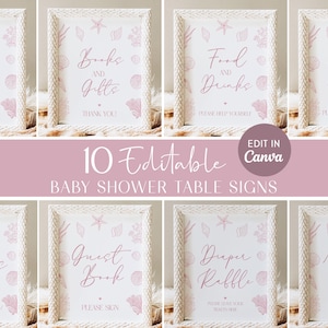 May include: A collection of ten editable baby shower table signs in white frames with a light pink seashell and coral pattern. Each sign features elegant script text including Cards and Gifts, Books and Gifts, Food and Drinks, and Favors.