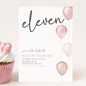 Invitación de cumpleaños número 11 para niña, editable, descarga digital